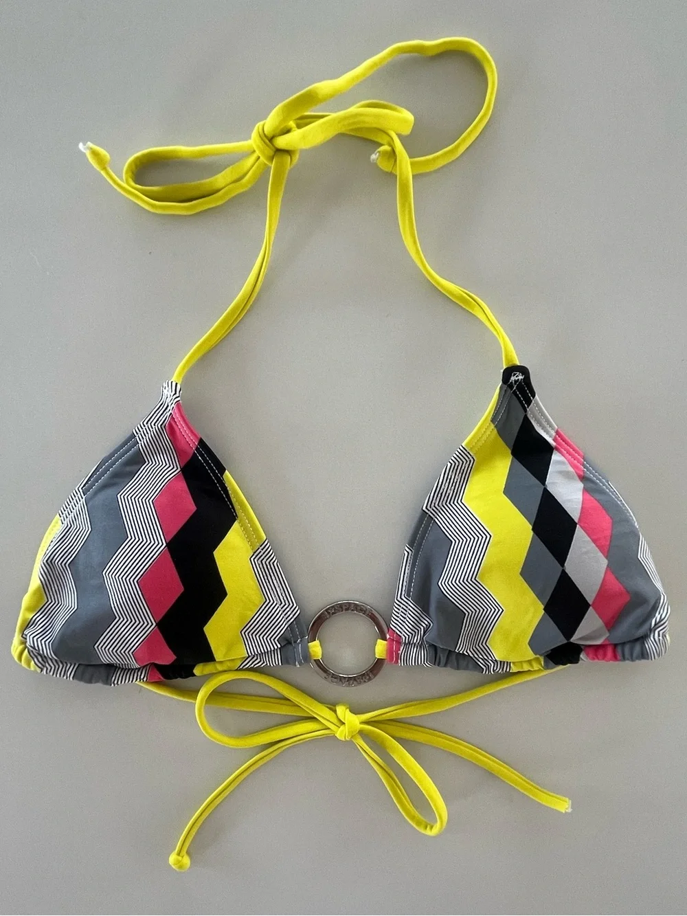 L*SPACE Geometric Chevron O-Ring Bright Yellow Chartreuse Triangle Bikini Top XS